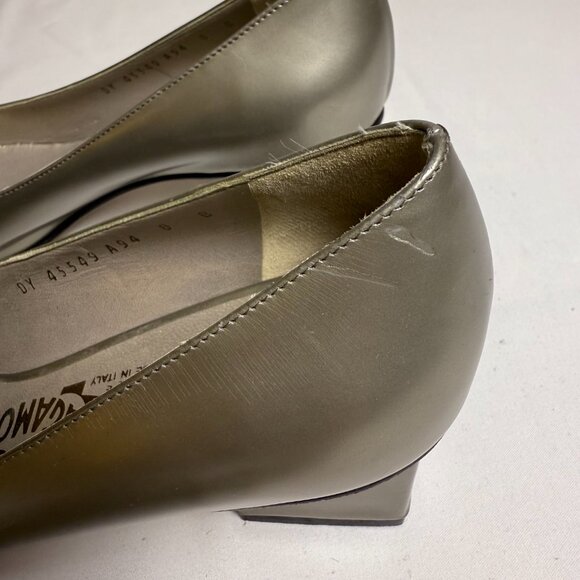 Ferragamo | Size 8 | Metallic Grey (Gunmetal) Megan Block Heeled Pumps - Picture 6 of 12